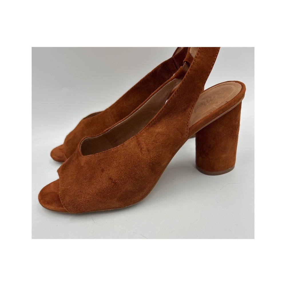 Madewell The Inez Sandal English Saddle Brown Suede Block Heel Peep Toe Size 7.5